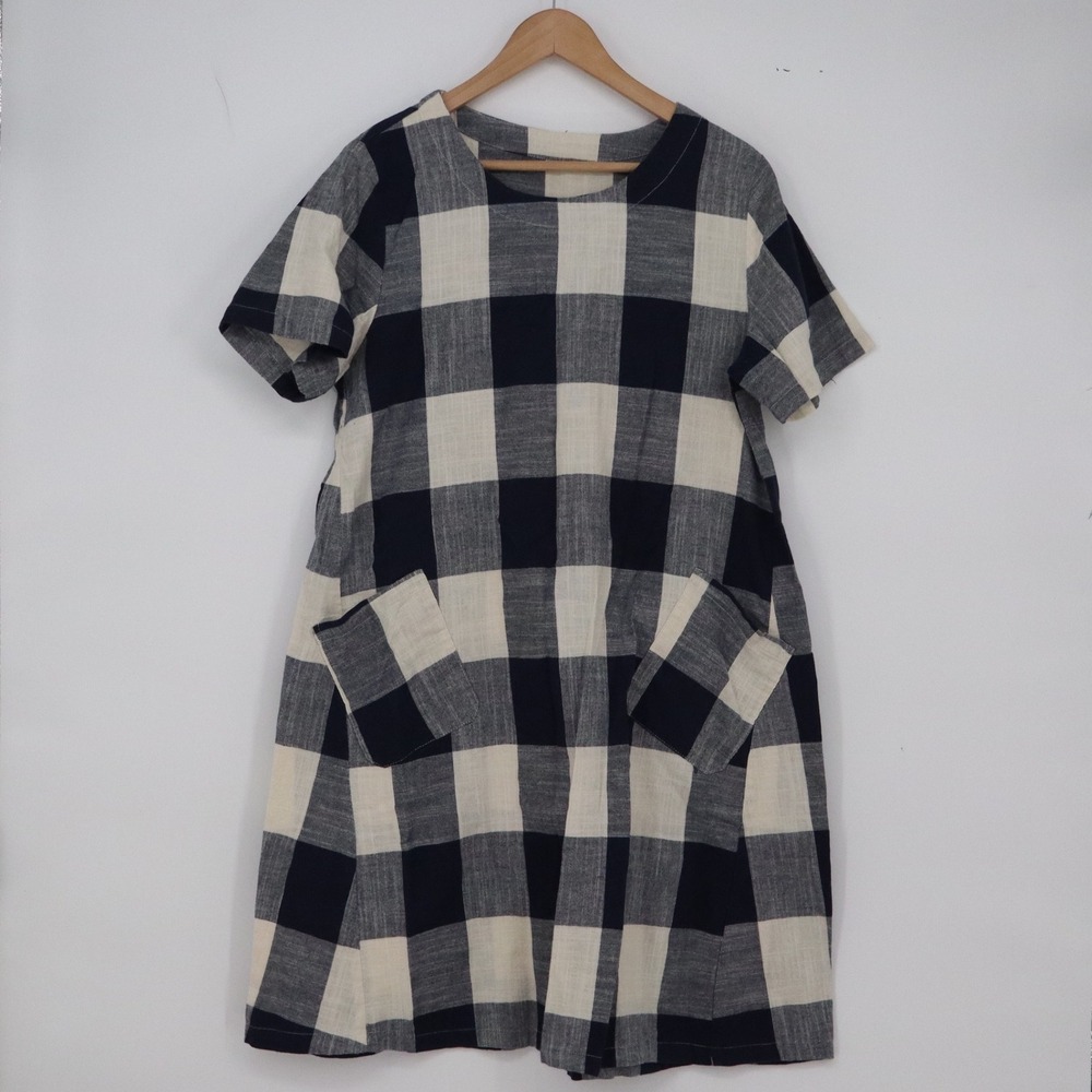 Unbranded Linen Dress Womens L M.N. Navy Buffalo Check Pockets Excellent